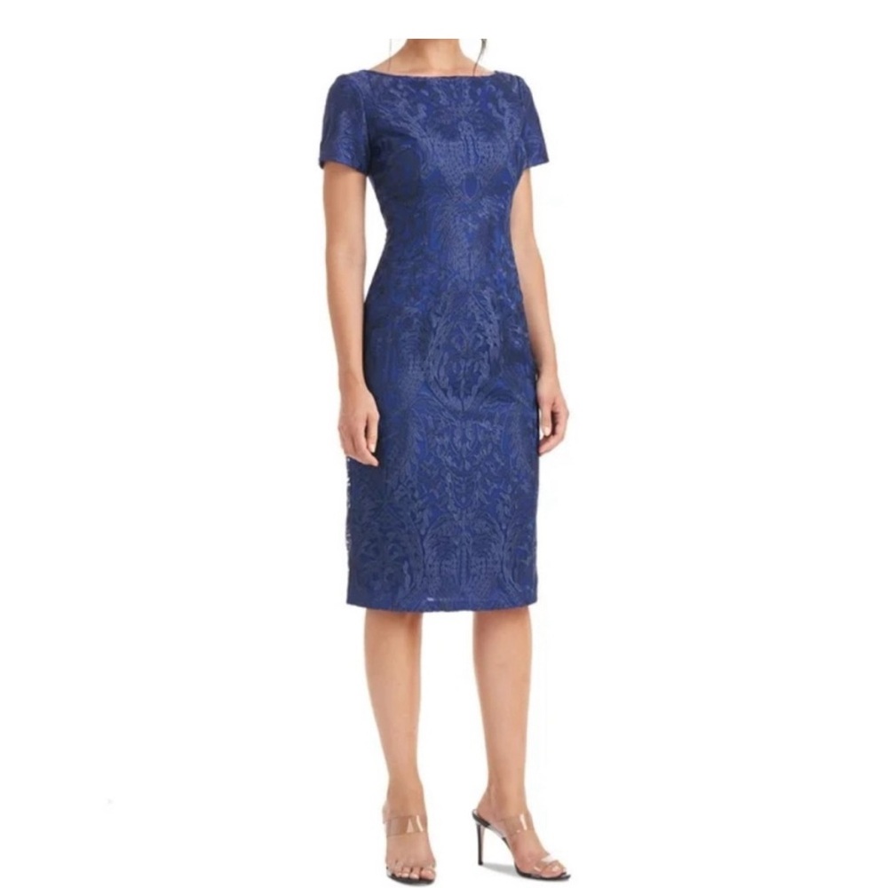 JS Collections Blue Sheath Midi Dress with Bateau Neckline